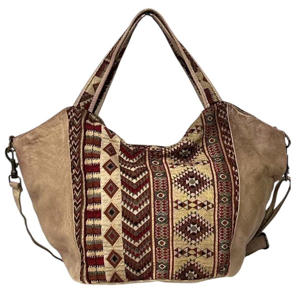 Free People Boho Artisanal Southwestern Tapestry Hobo Tote Bag Rustic Slouchy